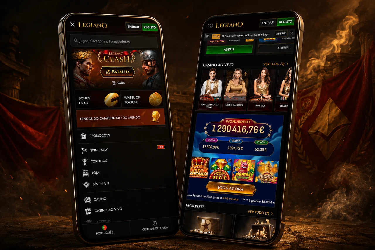 Aplicação móvel do Legiano em dois telemóveis com o casino e o casino ao vivo