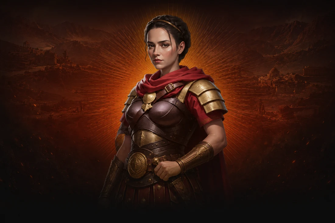 Legionária romana em armadura dourada, símbolo de proteção e segurança no Legiano